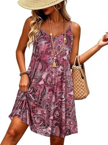 Image of Womens Spaghetti Strap Dress Summer Dresses Beach Pocket Casual Sundresses | 2026 Adjustable Spaghetti Straps Casual Beach Dress,Boho Sundress with Pockets ,Fashion V Neck Outfits,Beach Cover Ups