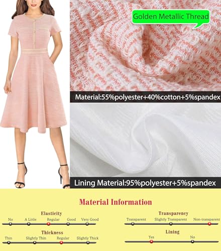 Image of VFSHOW Womens Buttons Pockets Office Business A-Line Dresses Short Sleeve Work Crew Neck Tweed Trim Fit and Flare Swing Dress