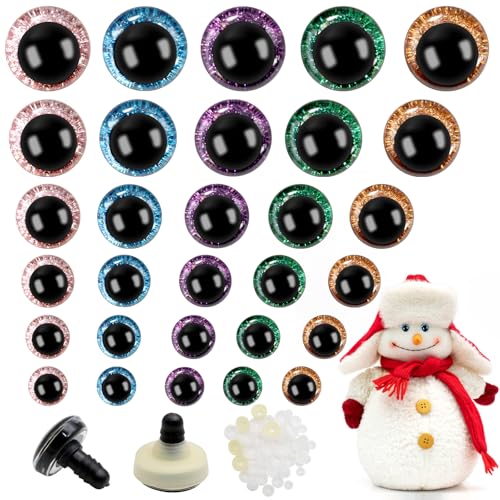 KASURE 60 Pièces Yeux de Securite Amigurumi, Yeux Poupée en Paillettes Plastique 5 Couleurs 12/14/16/18/20/22mm, Yeux Crochet avec Rondelles pour Poupée...