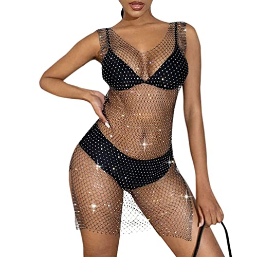 Sexy Sheer Mesh Swimsuit Cover Up Black Sheer Rhinestone - Sleeveless Fishnet Hollow Out Dress Women, Rave Festival Clubwear