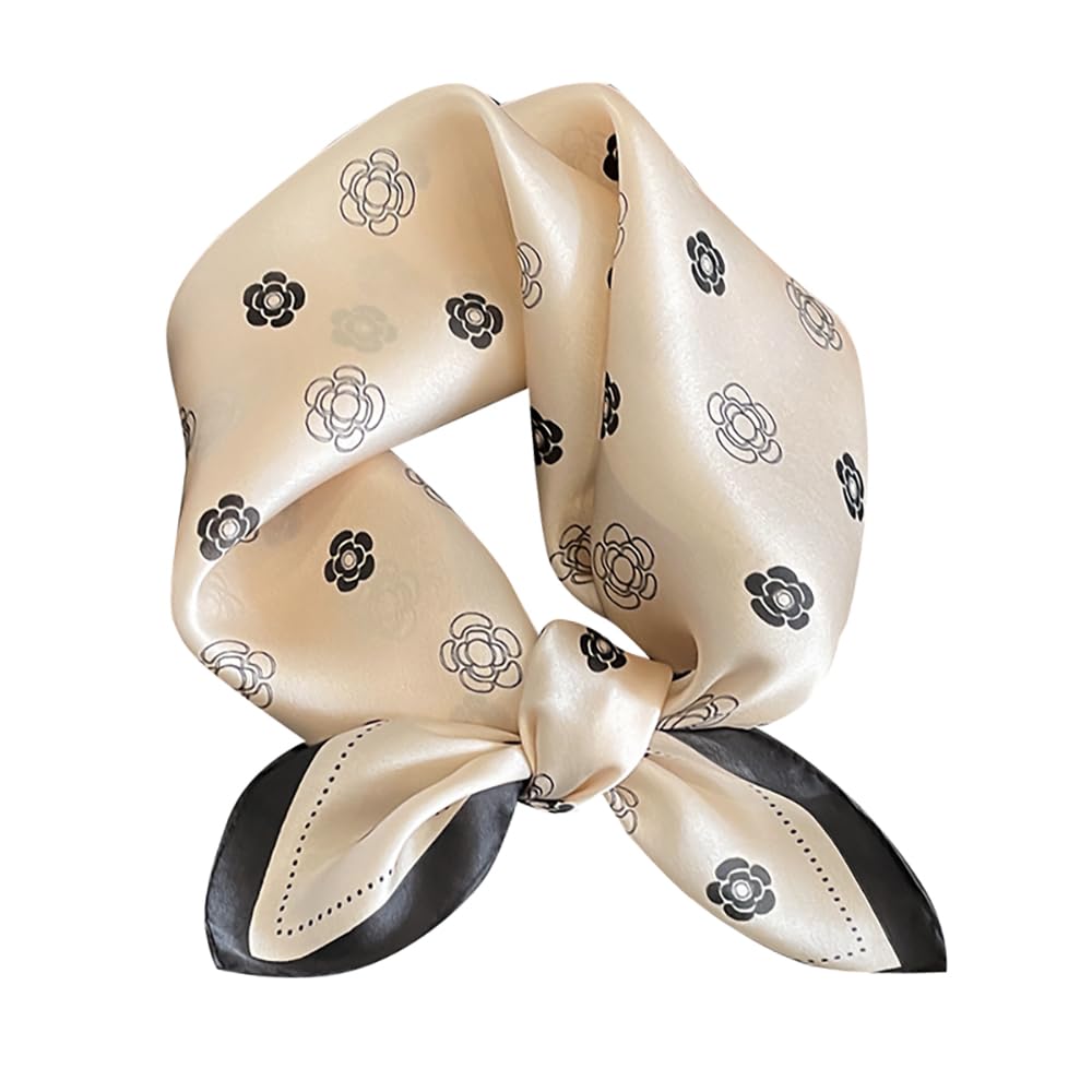 MEISEE Mulberry Silk Scarfs Women Small Square Scarf 21" x 21" Breathable Lightweight Neckerchief Headscarf, Beige Little Flowers, 21in