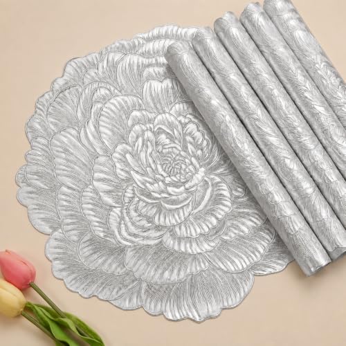 Image of Dakshya Industries Round Dining Table Mats Set of 6 PVC Placemats Waterproof Heat Resistant Table Mats, Silver