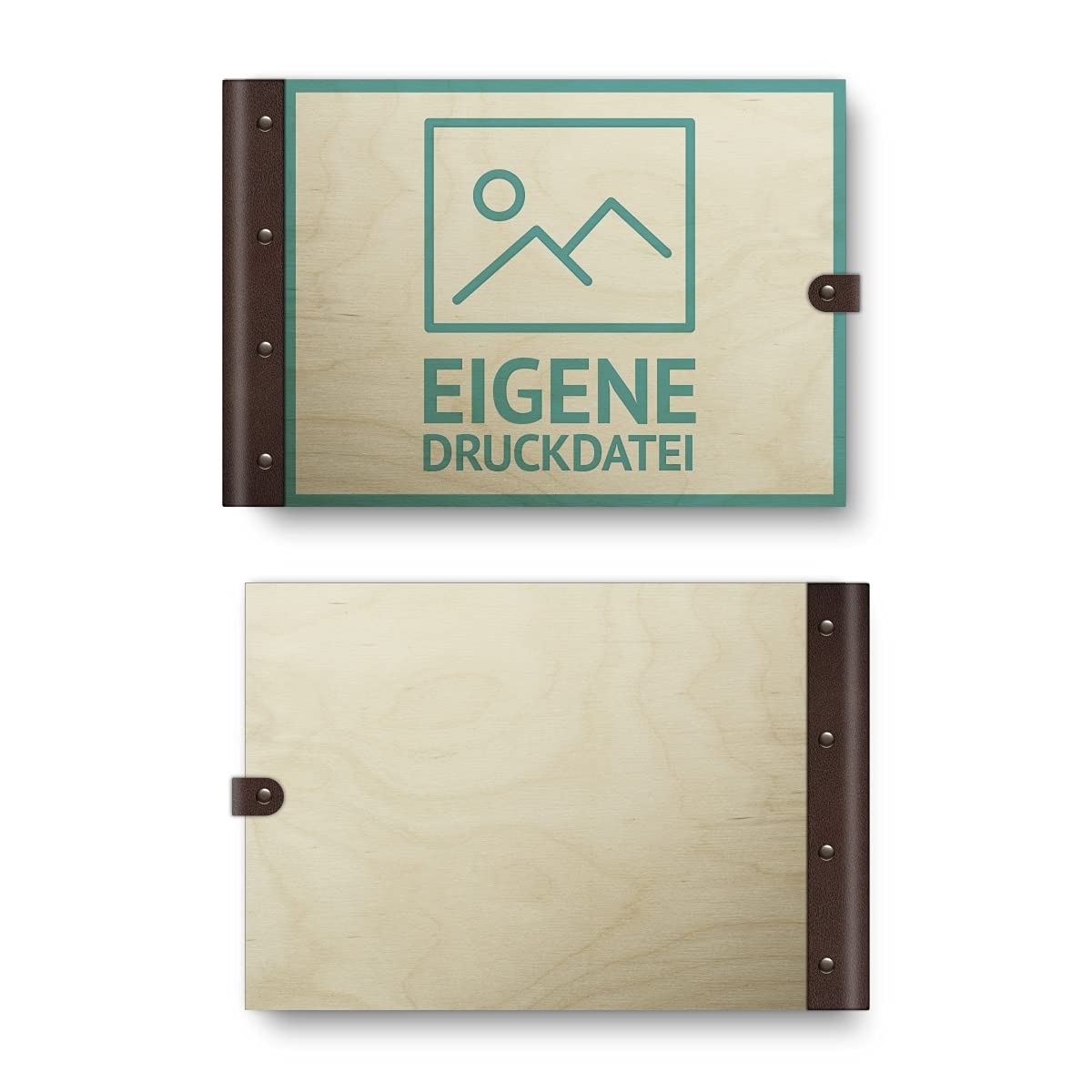 Gästebuch Birkensperrholz mit Lederrücken UV-Druck individuell Holzcover 72 Blatt | 144 Seiten DIN A4 quer 302x215mm - Eigene Druckdatei