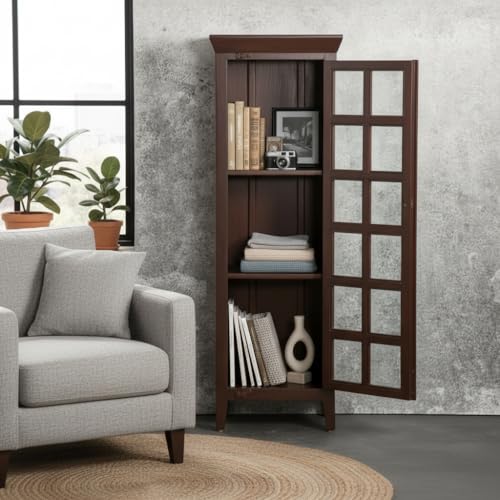 Image of APRODZ Mango Wood Crockery Cabinet with Glass Door | Wooden Kitchen Storage Cabinet for Dining Room Living Room & Bedroom | Tall Storage Cabinet with Shelves | Display Cabinet for Home, Brown Finish