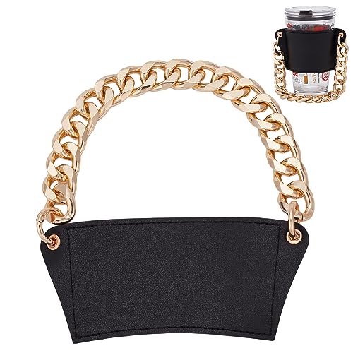 WADORN Portable Coffee Cup Sleeve Holder, PU Leather Reusable Cup Sleeve with Aluminum Handle Chain Decorative Chain PU Leather Cup Sleeve Drink Carrier for Hot Beverage Cup Water Cup, Black