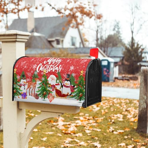 Image of Merry Christmas Mailbox Cover, Magnetic Standard Size 25.5x21 Inch, Xmas Trees Santa Claus Snowman Reindeer Penguin Mailbox Wrap Post Cover for Garden Yard Outdoor Home Hew Year Decor