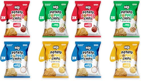 Image of BRB Potato Popped Chips - 4 Flavours | Not Fried. Not Baked | 60% Less Oil, Lower Calorie, No Palm Oil, Healthy Snack | 12 x 27g Combo Pack (weight may vary) (Pack of 2)