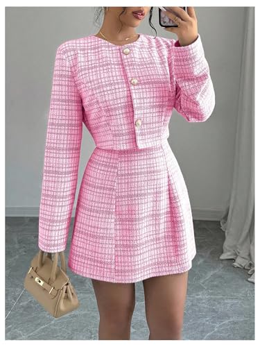Image of SOLY HUX Women's 2 Piece Outfits Plaid Long Sleeve Button Down Cropped Jacket and Sleeveless Mini Dress Sets