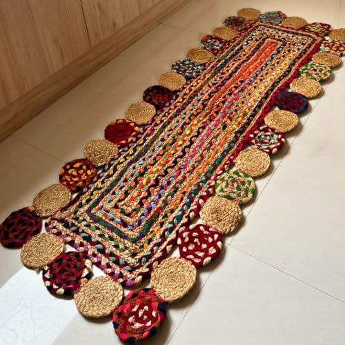 ATRANGI STUDIO Rectangle Jute Rug | Handwoven Braided Design Mat | Rectangular Floor Rug for Living Room, Bedroom, Reading Corner | Boho Home Decor | 20x50 inch, Multicolour