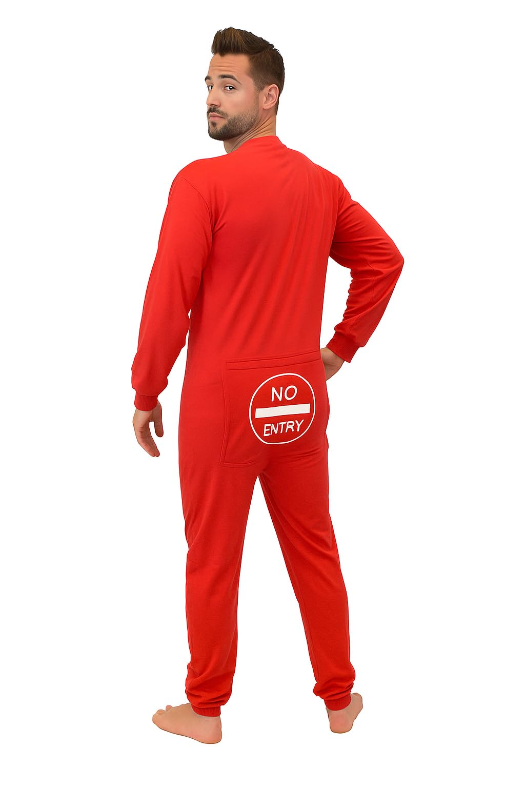 Red Union Suit Onesie Pajamas with Funny Butt Flap "NO ENTRY" for Men & Women