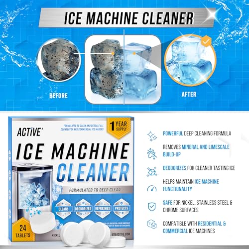 active ice machine cleaner maker descaler - 24 clean tablets compatible with frigidaire opal ge profile kitchenaid nickel safe scale remover for countertop nugget ice makers - bulk 1 year supply