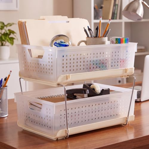 Image of TEX-RO Stackable Storage Baskets Organizer - 2 Tier Multipurpose Plastic Storage Rack with Stainless Steel Support Rods for Bathroom, Vanity, Wardrobe & Under Sink Storage (Clear /Beige)