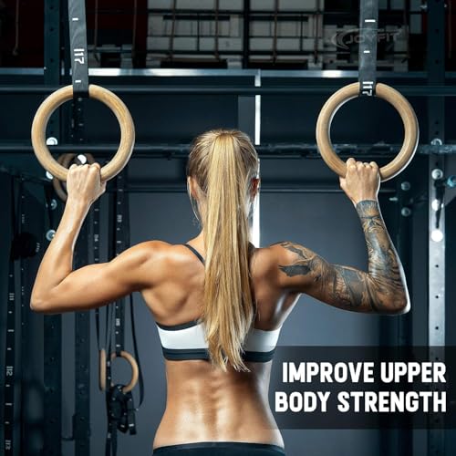 Image of Wooden Gymnastic Rings | 1100 lbs Load Capacity | Adjustable Buckle Straps | Calisthenics Equipment | Gym Rings for Pull Ups, Strength Training & Crossfit Home Workout for Men & Women