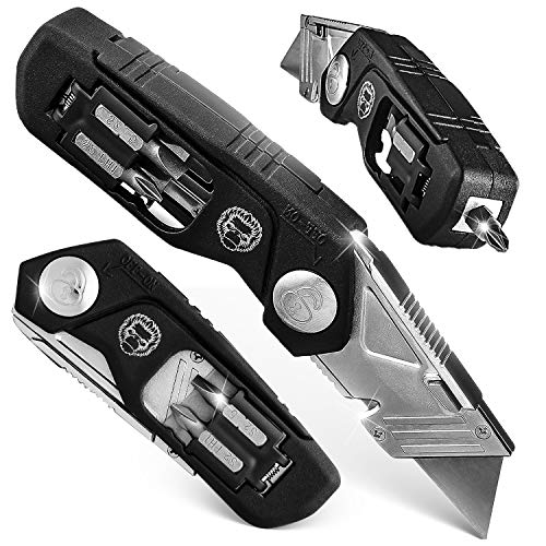 Image of Folding Utility Knife & Box Cutter Combo with Screwdriver Bits, Wire Stripper, Quick-Change Blades, Belt Clip & Refills - Versatile Everyday Carry Tool