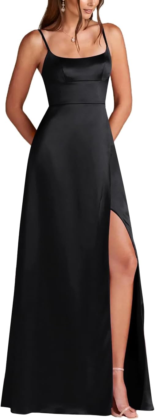 VECVOC Women's Spaghetti Straps Satin Prom Dress Floor Length Scoop Neck Formal Evening Party Gowns with Slit