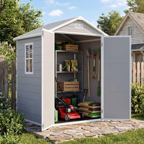 Image of Patiowell 6x4 FT Resin Outdoor Storage Shed with Floor, Plastic Storage Shed with Lockable Door, Outside Shed Perfect to Store Patio Furniture, GardenTools Bike Accessories, Lawn Mower, Light Gray