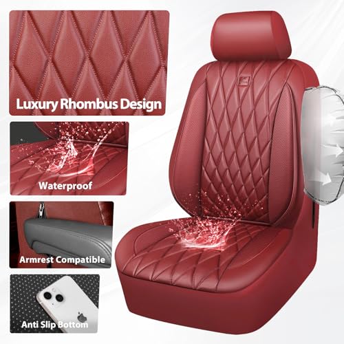 Image of CAR PASS Piping Luxury Faux PU Leather Two Front Car Seat Covers, Waterproof Anti Slip Premium Automotive Seat Covers,Universal Fit for Suvs,Vans,Trucks, Armrest Airbag Compatible, Burgundy Red