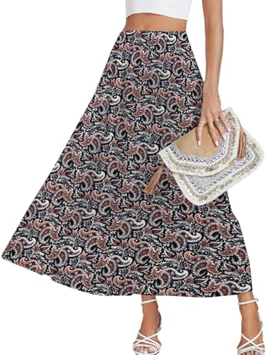 LYANER Women's Elastic High Waisted Ruched Tiered Ruffle Hem Long Skirt with Pockets