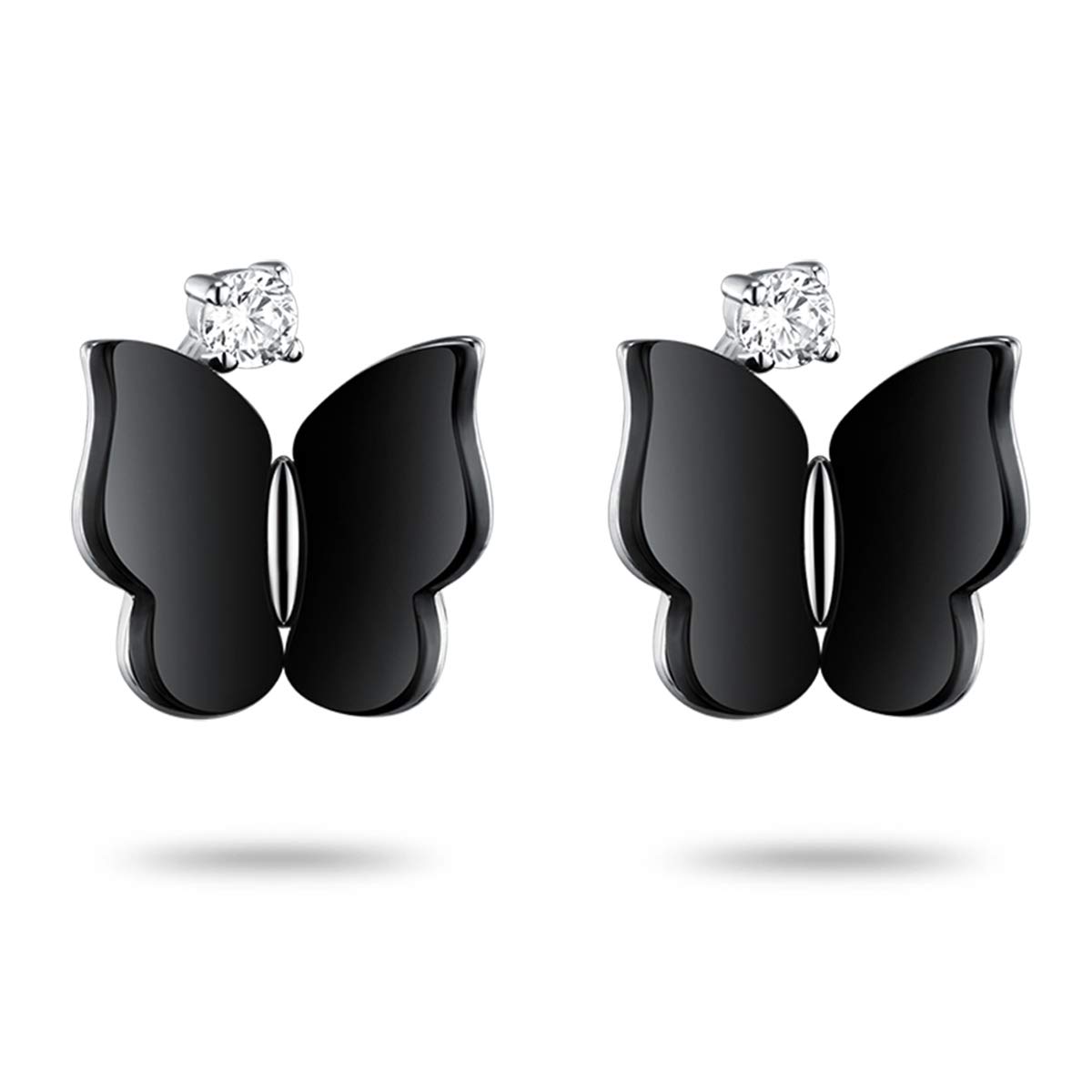 JEWME 925 Sterling Silver Delicate Butterfly Earring Studs Natural Black Agate Inlaid Bright Zircon