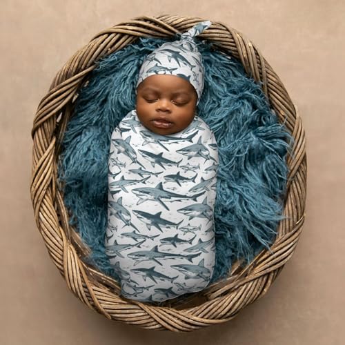 Image of Hand Drawn Sharks Newborn Swaddle Blankets Hat Sets Soft Baby Receiving Blanket Swaddle Sack for Baby Shower Infant Boy Girl Gift