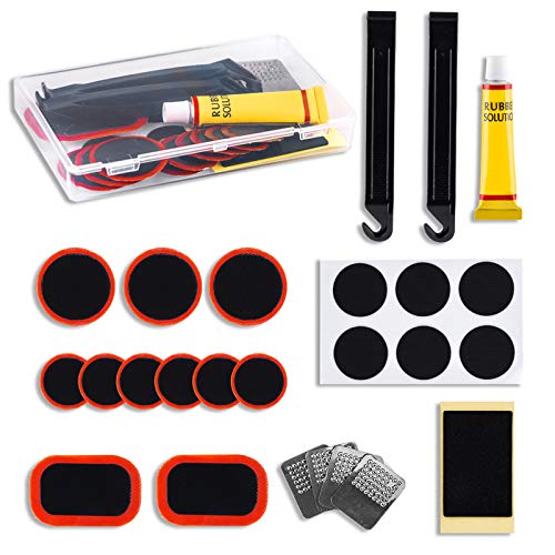 LSSH 25PCS Bike Tire Patch Repair Kit for Bicycle Inner Tube with Vulcanizing Patches, Pre Glued Patchs,Lever, Metal Rasp and Portable Storage Box Also for Inflatable Rubber,BMX and Motorcycles.