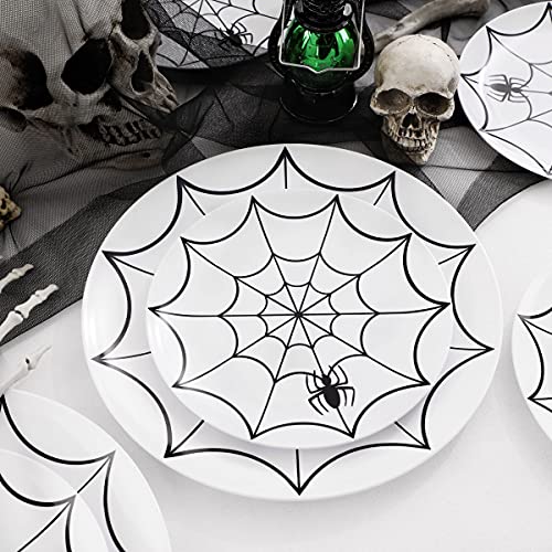 Image of WDF 60Pieces Halloween Plates Disposable Plastic - White and Black with Cobwebs plates Dinnerware include 30PCS 10.25inch and 30PCS 7.5inch Plates for Halloween