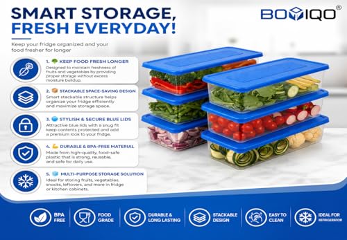 Image of Fridge Storage Containers Set of 6 (1500 ML Each), Stackable Fridge Organizer Boxes with Blue Lids, Food Storage for Fruits, Vegetables, Kitchen & Refrigerator Use