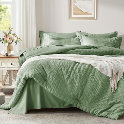 Image of Zzlpp Queen Comforter Set 7 pieces, Sage Green Seersucker Bed in a Bag with Comforter and Sheets, All Season Bedding Sets with 1 Comforter, 2 Pillow Shams, 2 Pillowcases, 1 Flat Sheet, 1 Fitted Sheet