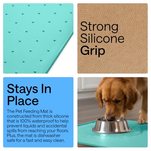 Image of GORILLA GRIP 100% Waterproof Raised Edge BPA Free Silicone Pet Feeding Mat, Dog Cat Food Mats Contain Spills Protects Floors, Placemats for Cats and Dogs Water Bowl, Pets Accessories 16x10, Turquoise