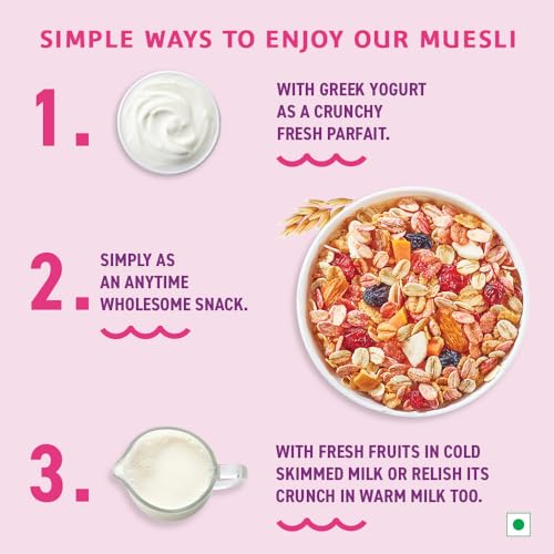 Image of Bagrry's Fruit & Nut Muesli with 30% Real Fruits, Nuts & Cranberries - 400g | 16 Real & Freeze Dried Fruits, Nuts, Seeds & Berries Muesli | No Candy | 38% High Fibre Oats, No Cornflakes | Fibre & Protein Rich Breakfast Cereal