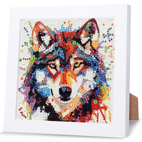 Manualidades de pintura de diamantes de lobo con marco para niños y adultos