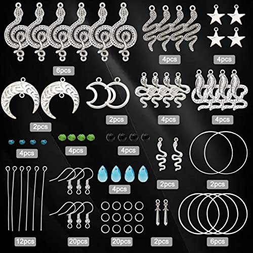 Sunnyclue 1 Box Diy 10 Pairs Snake Charms Cobra Charm Earring Making Starter Kit Star Hollow Moon Crescent Charm Sword Animal Charms For Jewelry Making Kits Rondelle Beads Linking Ring Adult Women #TOP1