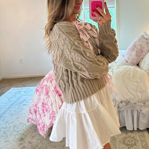 Image of Women Ribbon Sweater Cute Bow Tie Long Sleeve Knit Pullover Winter Casual Crew Neck Cable Knitted Top Streetwear