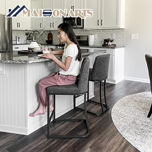 Maison Arts Counter Height 24" Bar Stools Set Of 2 With Back For Kitchen Counter Modern Upholstered Barstools Faux Leather Farmhouse Bar Chairs Island Stools Support 330Lbs, 24 Inch, Grey+Black Frame #TOP2