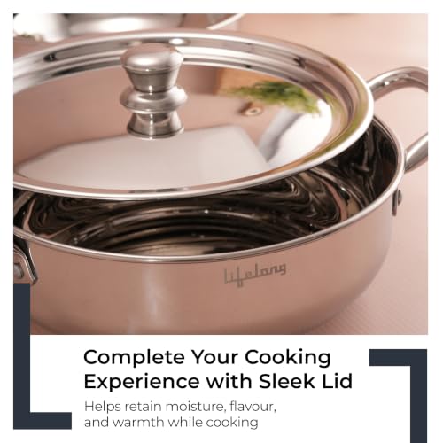 Image of Lifelong Stainless Steel Kadhai (2.5L) & Fry Pan (1.5L) with SS Lid | Induction Bottom, Riveted Handle, Durable Build, Even Heating, Scratch-Free, Dishwasher Safe| Ideal for Frying, Sauteing & Gravies