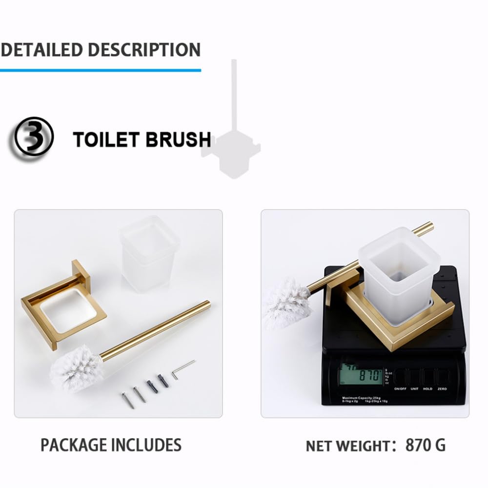 Juego de Accesorios de baño de Oro Cepillado Soporte de Rollo de Papel higiénico de Montaje en Pared Toallero Colgador de Batas Kit de Accesorios de Acero Inoxidable, Cepillo de baño BG