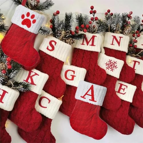 Pxniy Red Knitted Mini Christmas Stockings 8 inch, Embroidered Initials
