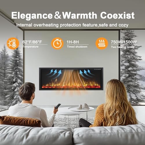 60" Electric Fireplace Ultra Narrow Aluminum Frame & Wide Screen, Electric Fireplace Inserts/Wall Mounted with Heater, Adjustable Flame Color and Brightness, Remote Control/Timer, 750/1500w - Thumbnail 4