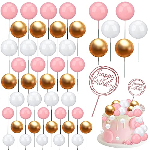 46 Stück Tortendeko Kugeln, 4 Größen Tortendeko Gold Rosa und Weiß, DIY Copcake Topper für Geburtstag Hochzeit Babyparty Cover