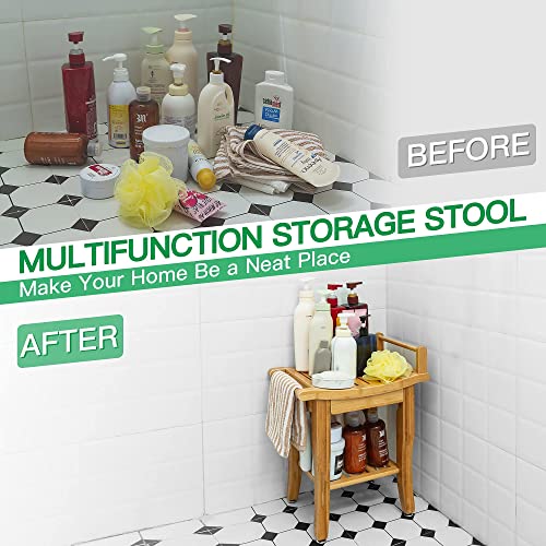 image for ETECHMART Bamboo Shower Bench with Storage Shelf, 2-Tier Spa Seat Bath