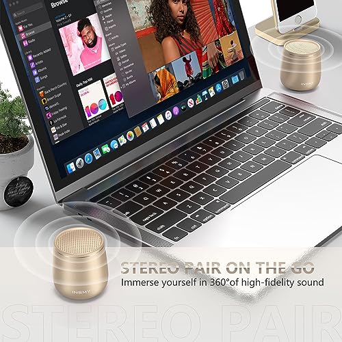 Image of INSMY Small Bluetooth Speaker, Waterproof Mini Portable Wireless Speaker, Punchy Bass Rich Audio Stereo Pairing, Handheld Pocket Size,Built in Mic for Hiking Biking Gift Laptop Tablet (Gold)