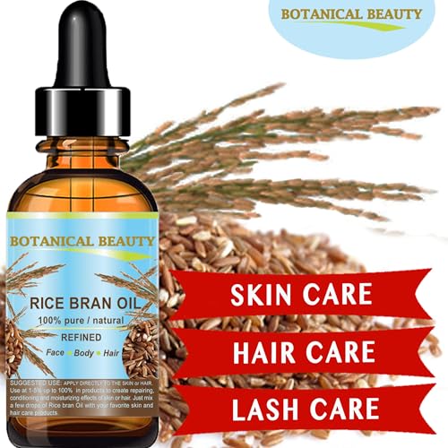 Botanical Beauty RICE BRAN OIL 100% Pure Natural Refined Undiluted Cold Pressed Carrier Oil for Face, Skin, Body, Hair, Massage, Nails. (2 Fl Oz)