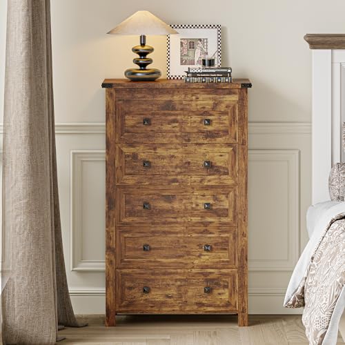 Image of Wodeer Brown Dresser Tall 5 Drawer Dresser for Bedroom, Wooden Dressers & Chests of Drawers with Metal Handles, Modern Storage Cabinet and Organizer Drawers for Bedroom, Hallway, Entryway