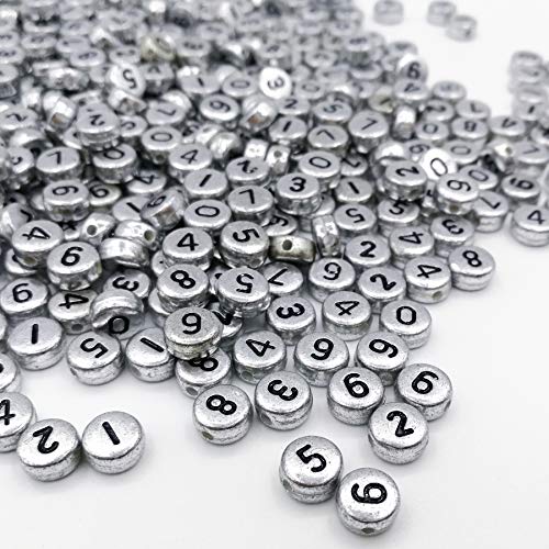 Image of Amaney 500pcs Silver Acrylic Number Beads 7x4mm Mixed Number Beads Acrylic Plastic Round Shape Loose Beads