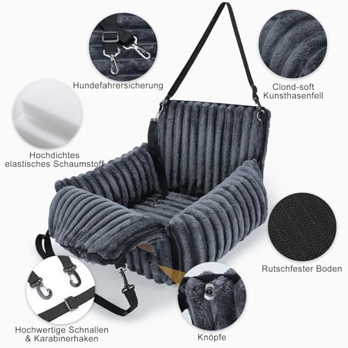 MIXJOY Hunde Autositz für kleine bis mittlere Hunde, Waschbarer Ansteckbare Leine verdickter Memory-Schaum-Füllung, Hundebett Auto für Rückbank Vordersitz, Grau