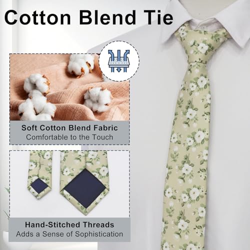 Image of Luckyvestir Mens Ties, Sage /Dusty Blue /Pink Floral Ties for Men, 2.76 inch Cotton Flower Necktie for Wedding /Groomsmen /Party