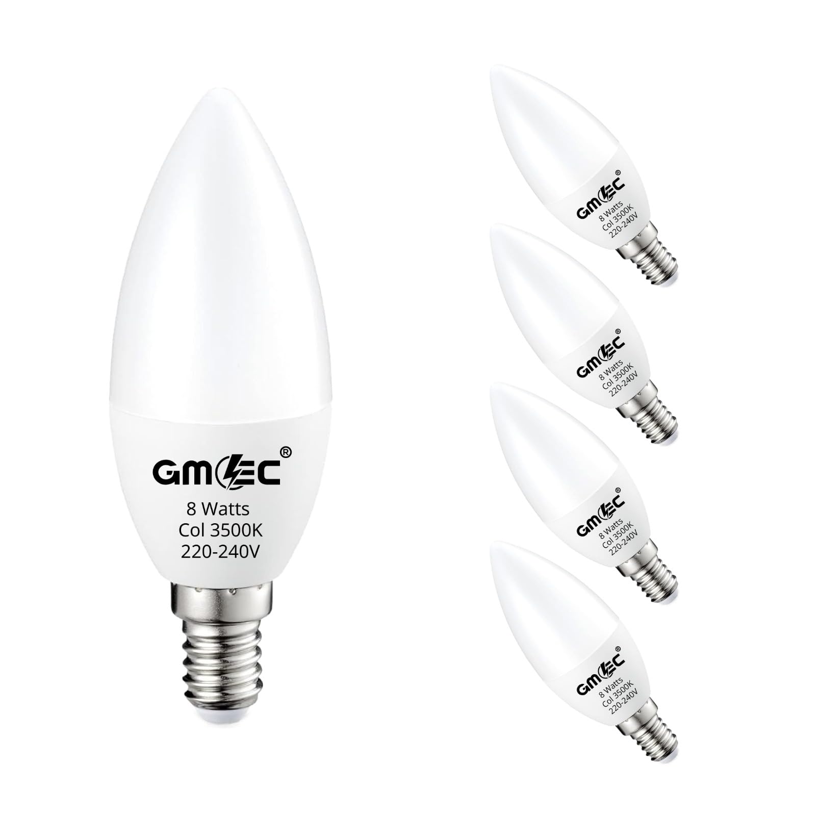 GMEC E14 LED Candle Bulbs 8W Warm White 3500K – E14 SES Small Screw LED Light Bulbs – Energy Saving Candle Bulbs for Lamps & Living Rooms - 4 Pack