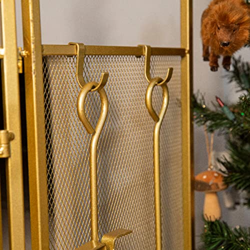 Image of Barton 48 inch Fireplace Screen 3-Panel Folding Magnetic Doors with 4-Pieces Fire Place Tools Set Steel Fire Spark Guard, Gold