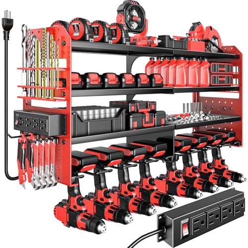 VeyFolzin.st Large Power Tool Organizer Wall Mount with Charging Station 4 Layer Heavy Duty Metal Cordless Tool Organizer Tool Storage Rack with 8 Cordless Drill Holder Screwdriver Hammer(Red)