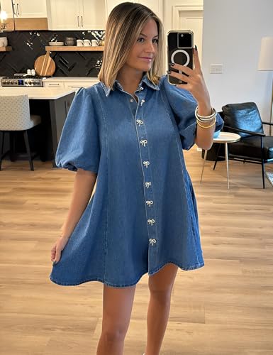 Denim Dress for Women, Puff Short Sleeve Jean Dress Mini Denim Romper with Pockets4